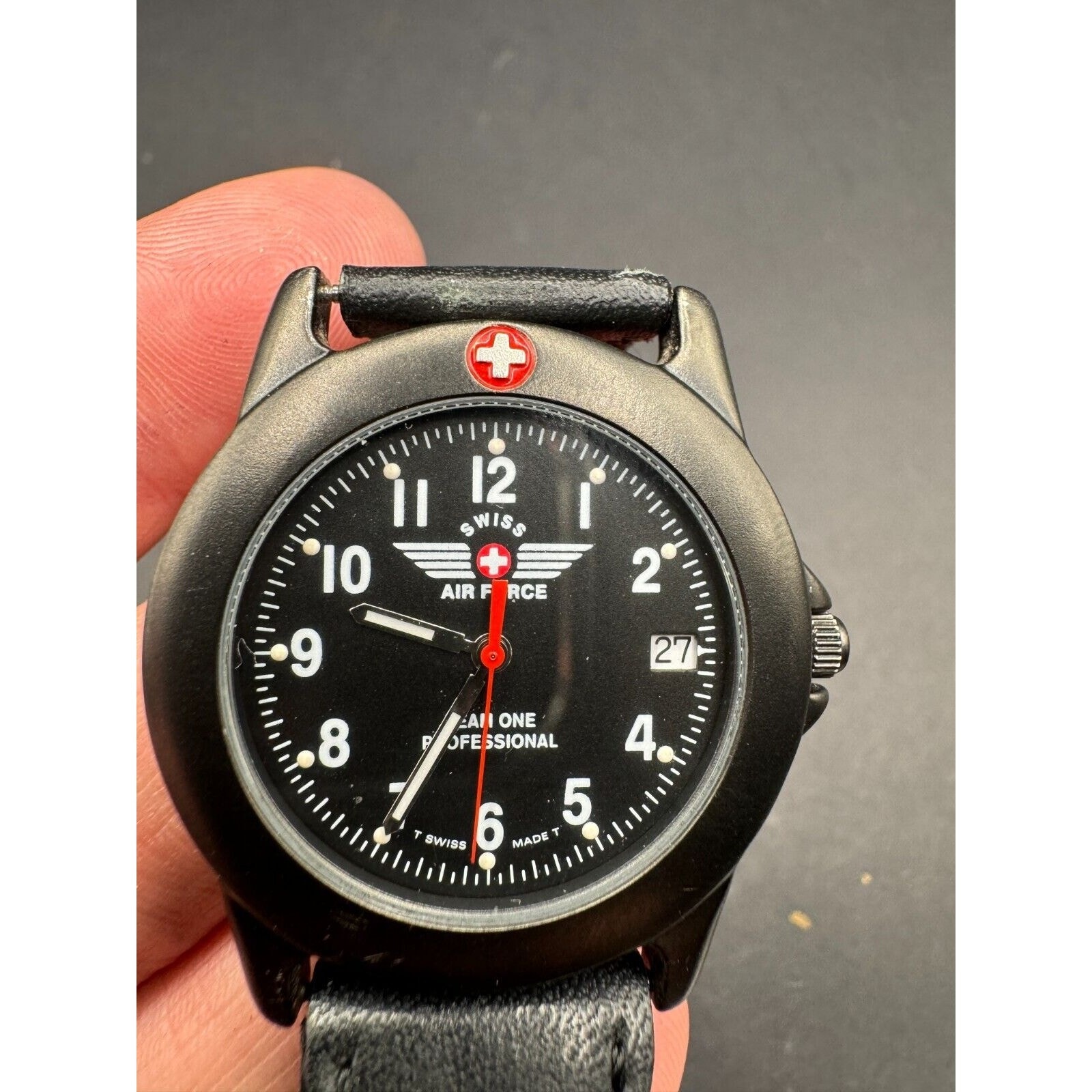 Swiss Air Force Team One Professional Watch 100ft Wr Black Dial Leather Band